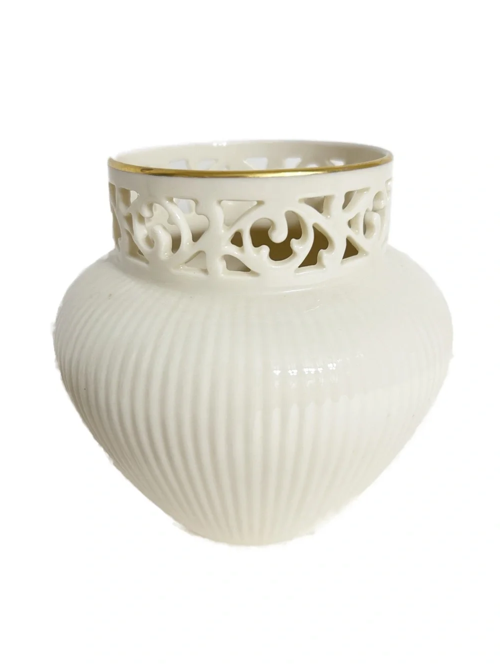 Vintage Lenox Ivory Porcelain Pierced Neck Ribbed Vase Gold Trim Made In USA